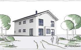 Moderne Hauszeichnung mit zweigeschossigem Gebäude, umgeben von Bäumen und Gartenflächen.