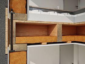 Querschnitt einer Wand mit Dämmmaterial, Holz und Metallverstärkung