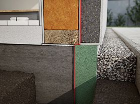 Querschnitt eines Gebäudes mit verschiedenen Baumaterialien und Fundament im Boden